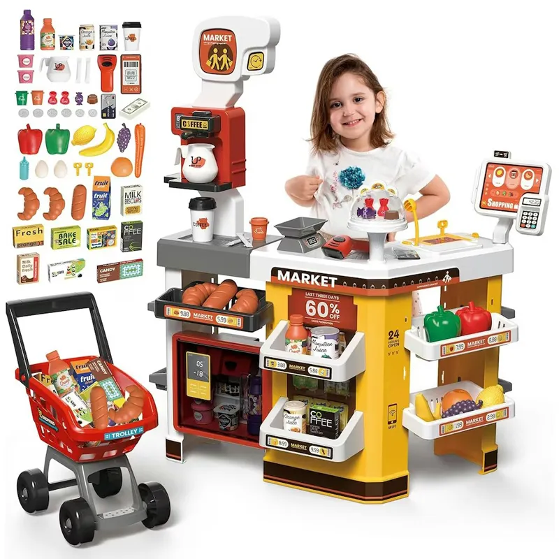 65PCS Supermarket Cart Toys Play Set Role Play Cash Register Pretend Interactive Grocery Stand Store Simulate Light Music and Smoking for Kids  (668-129)